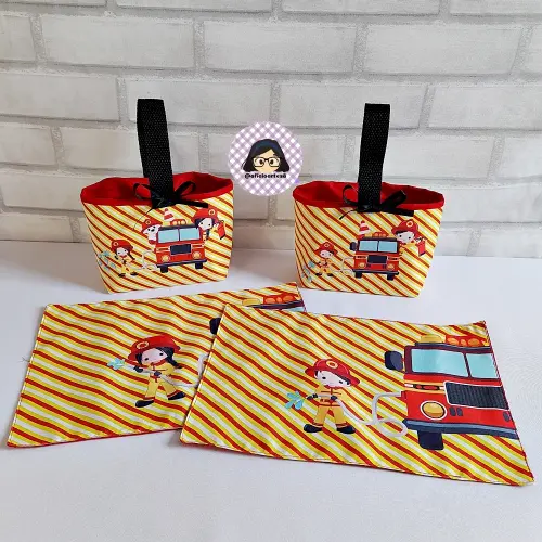 Kit 15 Mini Cestinha e 15 toalhinhas Bombeiros