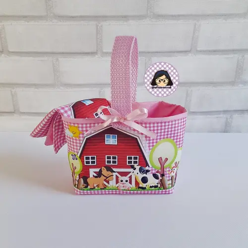 Kit 15 mini cestinhas e 15 toalhinhas Fazendinha Rosa