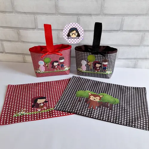 Kit 15 mini cestinhas e 15 toalhinhas Chapeuzinho Vermelho e Lobi