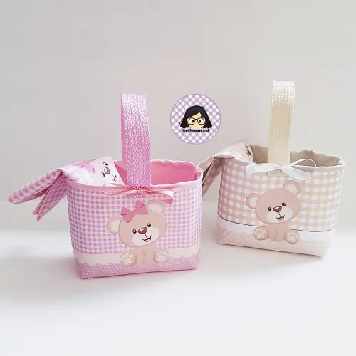 Kit 15 mini cestinhas e 15 toalhinhas Ursinhos Rosa e Bege
