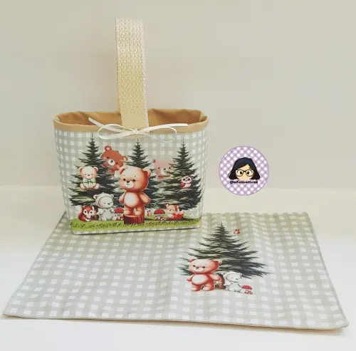 Kit 15 mini cestinhas e 15 toalhinhas Ursinhos no Bosque Encantad