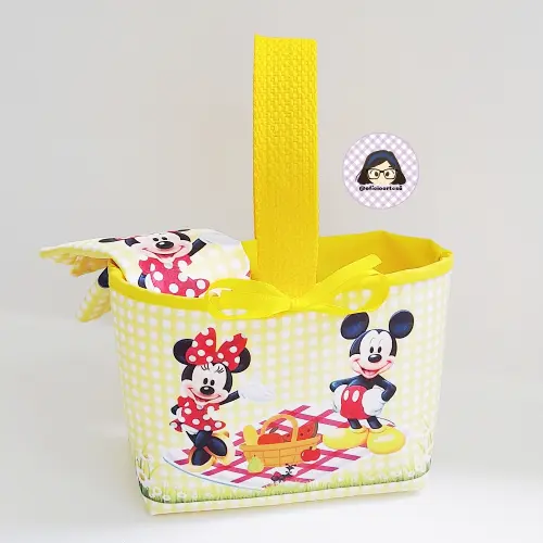 Kit 15 mini cestinhas e 15 toalhinhas Picnic Minnie e Mickey Amarelo