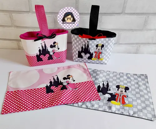 Kit 15 mini cestinhas e 15 toalhinhas Minnie e Mickey Realeza