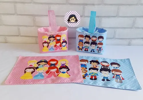Kit 15 mini cestinhas e 15 toalhinhas Princesas e Príncipes
