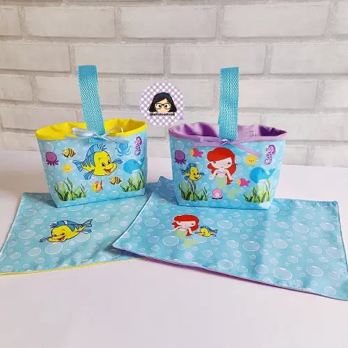 Kit 15 mini cestinhas e 15 toalhinhas Ariel e Linguado