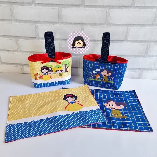 Kit 15 mini cestinhas e 15 toalhinhas Branca de Neve e Dunga
