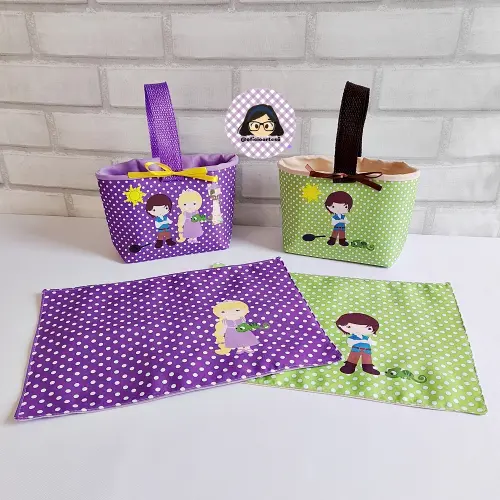 Kit 15 mini cestinhas e 15 toalhinhas Rapunzel e Príncipe
