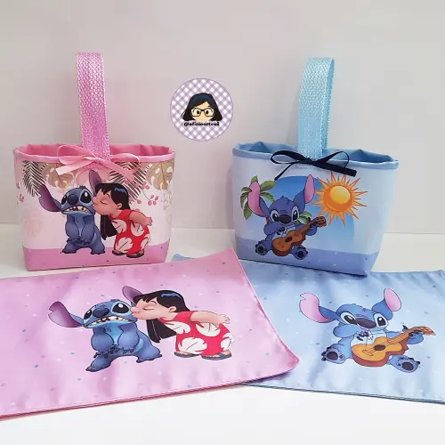 Kit 15 mini cestinhas e 15 toalhinhas Lilo & Stitch Rosa e Azul