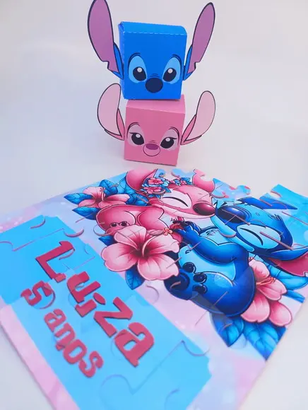 Quebra-cabeça Personalizado 30 Peças Tema Stitch e Angel