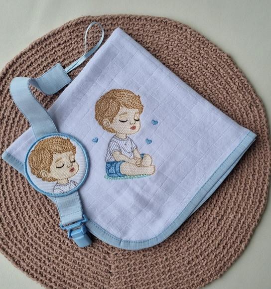 Kit Fralda de Boca e Prendedor de Chupeta Menino
