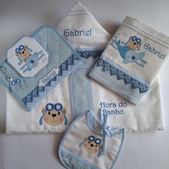 Kit Toalha Banho,toalha Boca,porta Caderneta Urso Aviador