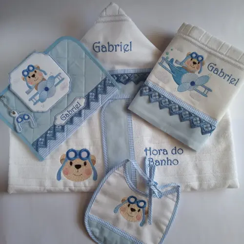 Kit Toalha Banho,toalha Boca,porta Caderneta Urso Aviador