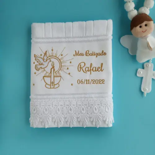 Toalha Batizado Pomba e Vela
