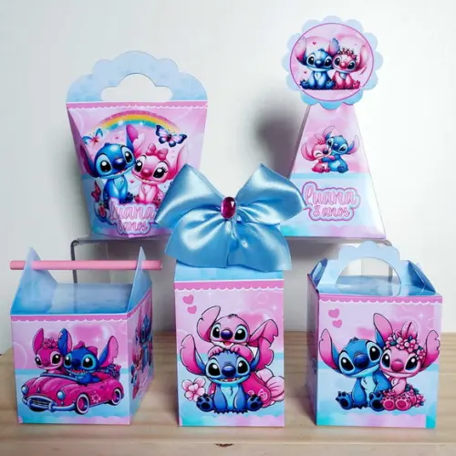 Kit Festa 50 Caixinhas Personalizadas Stitch e Angel