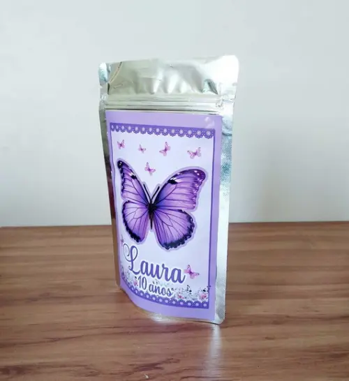 Saquinho Metalizado Borboleta Lilás Zip Lock Personalizado