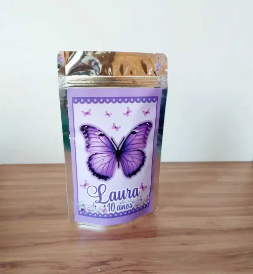Saquinho Metalizado Borboleta Lilás Zip Lock Personalizado