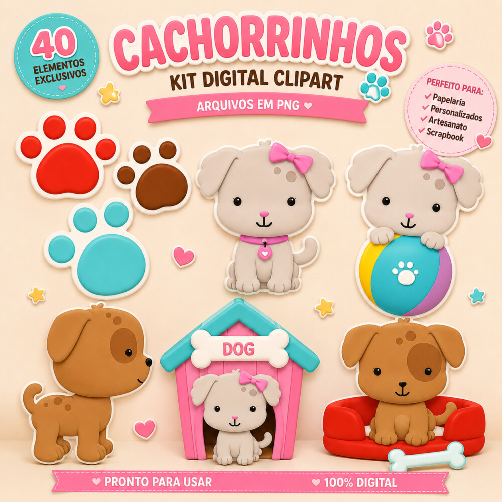 Kit Digital PNG Cachorro com 40 Imagens Fofas para Artesanato