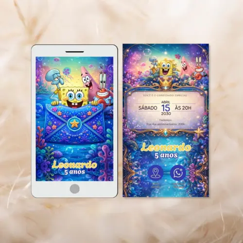 Convite Bob Esponja Envelope e Botão Interativo