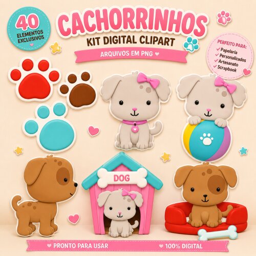 Kit Digital PNG Cachorro com 40 Imagens Fofas para Artesanato