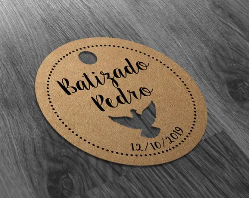 S Tag Kraft - 4x4 cm - Batizado Ave - com Cordão de Sisal