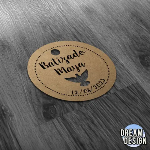 S Tag Kraft - 5x5 cm - Batizado Ave - com Cordão de Sisal