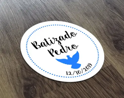 Tag Adesiva 4x4cm Branco Batizado Ave Azul