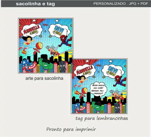 Arte Digital - Tag e Sacola para Lembrancinhas Super Heróis