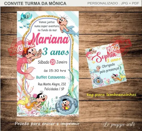 Convite e Tag Digital Turma da Mônica Fundo do Mar
