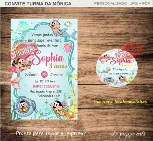 Convite e Tag Digital Turma da Mônica Fundo do Mar