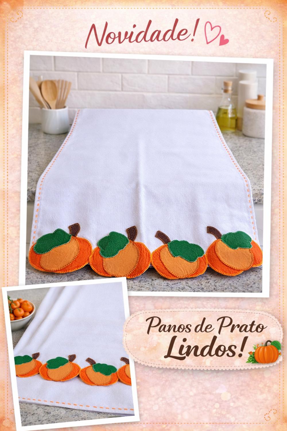 Pano de prato artesanal com aplicação de abóbora 🎃