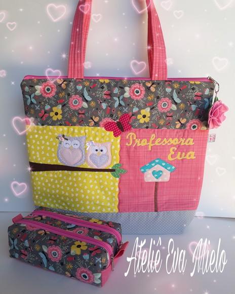 Kit professora- bolsa, estojo duplo e capa para fichário