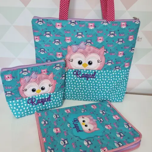 Kit Bolsa Professora Corujinha + Nécessaire + Capa Caderno