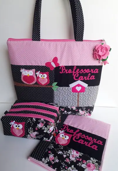 Kit Professora 3 peças( bolsa, estojo triplo e capa caderno)
