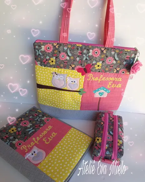 Kit professora- bolsa, estojo duplo e capa para fichário