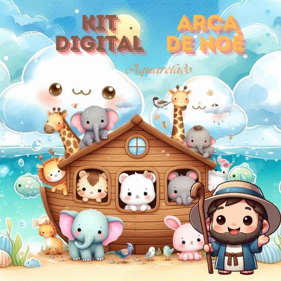 Kit Digital arca de Noé em Estilo Pintura Aquarela