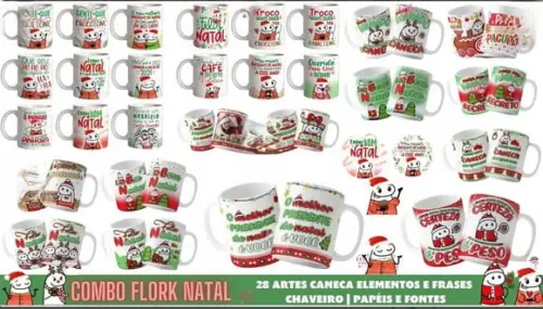 Combo Flork Natal Arte Caneca Elementos Frases e Papéis
