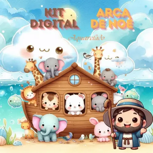 Kit Digital arca de Noé em Estilo Pintura Aquarela
