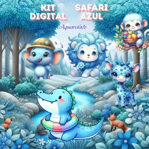 Kit Digital Safari Azul Aquarelado