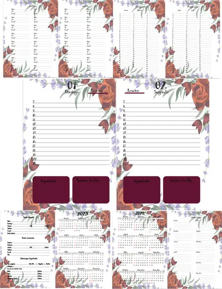 Miolo de Agenda Floral Marsala 2023 Arquivo Digital