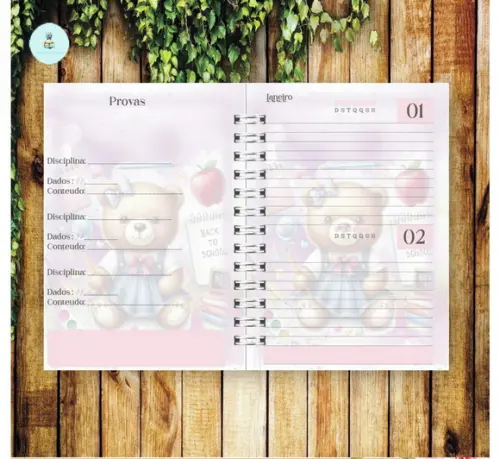 Volta às Aulas Arquivo Digital Combo Agenda Ursa, Aquarelado