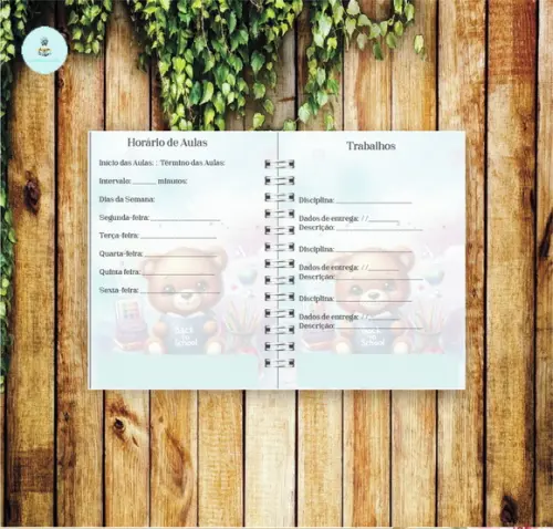 Volta às Aulas Arquivo Digital Combo Agenda Urso, Aquarelado