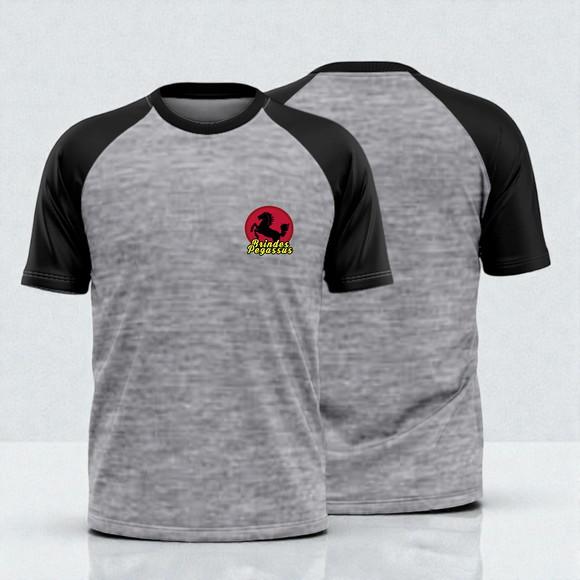Camiseta Cinza c/ Manga Preta Poliéster Personalizada