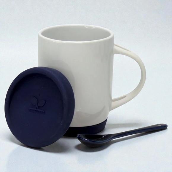 Caneca c/ Colher Alça e Tampa em Silicone - Azul Escuro