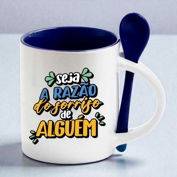 Caneca de Porcelana c/ Base Reta e Colher Azul Personalizada