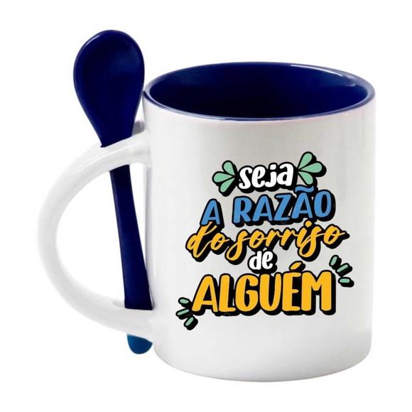 Caneca de Porcelana c/ Base Reta e Colher Azul Personalizada