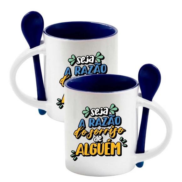 Caneca de Porcelana c/ Base Reta e Colher Azul Personalizada