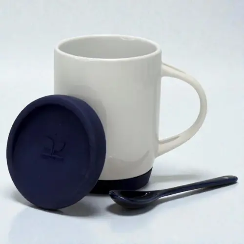 Caneca c/ Colher Alça e Tampa em Silicone - Azul Escuro
