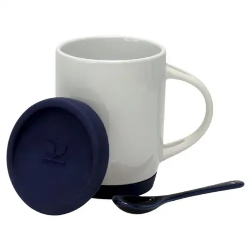 Caneca c/ Colher Alça e Tampa em Silicone - Azul Escuro