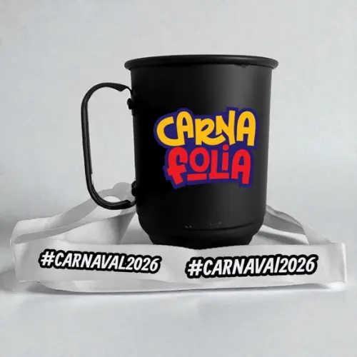 Caneca de Alumínio Preta 500ml com Cordão Personalizada