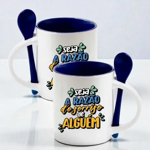 Caneca de Porcelana c/ Base Reta e Colher Azul Personalizada